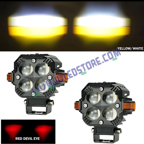 HJG Hazard 4x4 Quad Lens 120W LED Fog Light with DRL & Wiring Kit – Dual Color White/Yellow Projector Lights for Cars & Bikes
