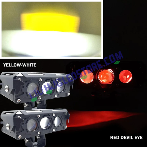 HJG S75 Triple Projector LED Fog Lights 180W with Red DRL – Dual Color White/Yellow for Cars & Bikes (Set of 2)