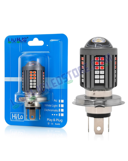 HJG H4 60 LED Devil Lens Headlight Bulb – Red/Blue Design with White & Yellow Hi/Lo Beam and DRL (12V, 60W, Universal Fit for Motorcycles)