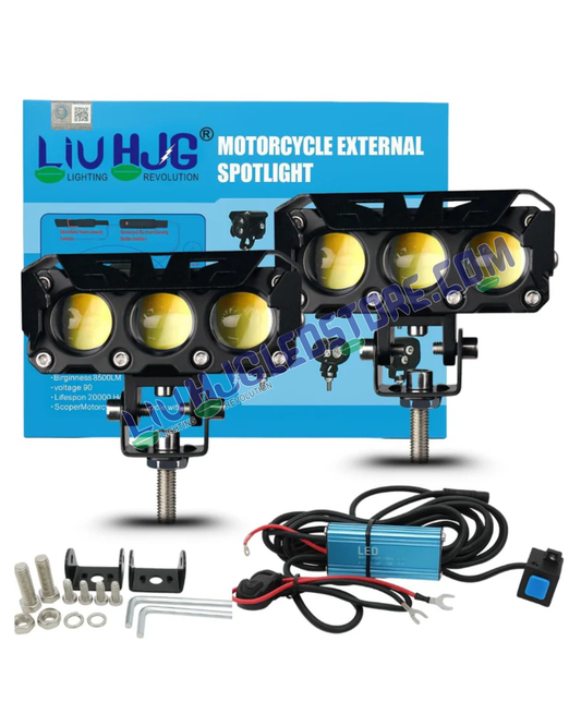 HJG Future Eyes 3-Lens 120W Projector Fog Light Kit | Dual Color White/Yellow, 12000LM, Multi-Mode LED Auxiliary Lights with Wiring Harness for Cars & Bikes
