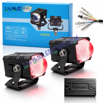 HJG HS114 60W Bezel Less Projector Fog Lights | Single Lens White Yellow Hi Lo Beam with Red DRL for Bikes, Cars (Set of 2)