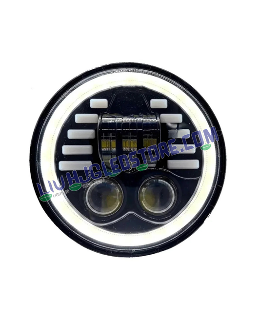 HJG 5.75-Inch Round LED Headlight with Running Indicator DRL | 75W High/Low Beam, 6500K White Light & White/Yellow Angel Eye | H4 Plug & Play | 12–80V DC | Harley Davidson, Jeep & Bajaj Avenger