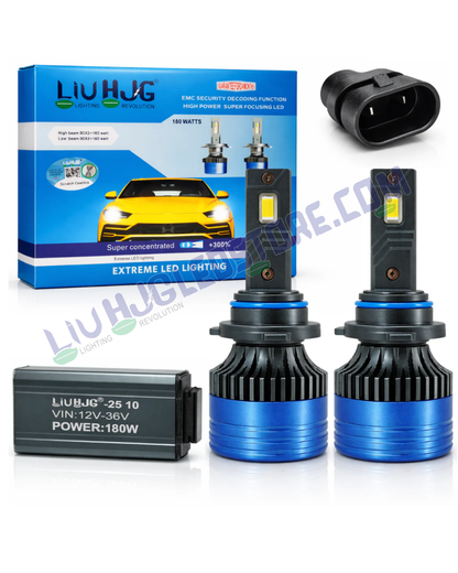 HJG 180W 9005/HB3 LED Headlight Bulbs (Pack of 2) – 18000LM White 6500K with Adjustable Holder for Cars & Bikes (12V/24V, HB3 Socket)