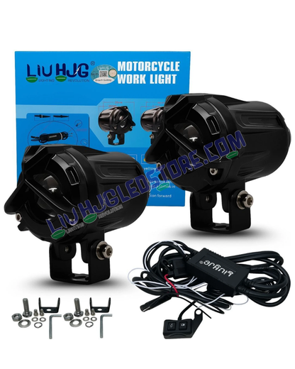 HJG 80W Mini Y Lens LED Fog Lights for Bikes | Dual Color White/Yellow, Projector Beam, Cooling Fan, Wiring Harness Kit, Universal Fit (Pack of 2)