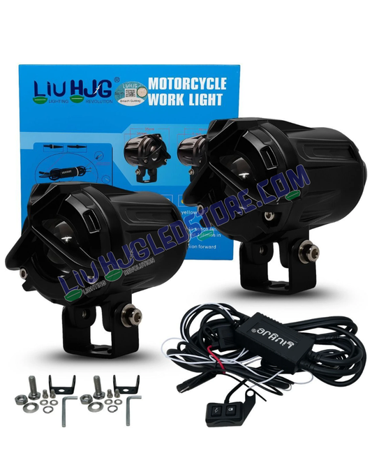 HJG 80W Mini Y Lens LED Fog Lights for Bikes | Dual Color White/Yellow, Projector Beam, Cooling Fan, Wiring Harness Kit, Universal Fit (Pack of 2)