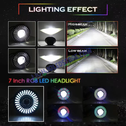 HJG 7-Inch RGB LED Chakra Headlight Assembly 75–120W with CREE/Osram Chips | Multicolor Fit for Royal Enfield, Jeep, Thar & Gypsy