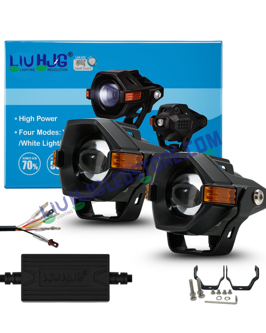 HJG Spaceship Series 80W Projector Fog Lights with Red Devil & Amber DRL – Dual Color LED (White/Yellow/Red) for Cars & Bikes (Set of 2)