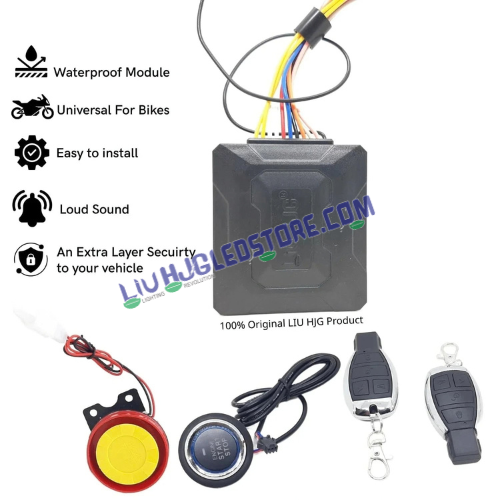 HJG Push Button Motorcycle Alarm System | Keyless Start/Stop, 125dB Siren, Flashing Light & Engine Immobiliser | 2 Wireless Remote Keys | Universal Bike & Scooter Anti-Theft Kit
