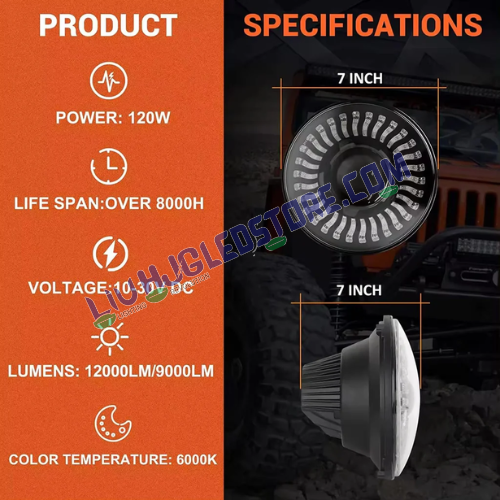 HJG 7-Inch RGB LED Headlight Assembly – 75–120W CREE/Osram Multicolor, Compatible with Royal Enfield, Jeep, Thar & Gypsy