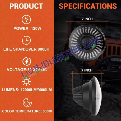 HJG 7-Inch RGB LED Headlight Assembly – 75–120W CREE/Osram Multicolor, Compatible with Royal Enfield, Jeep, Thar & Gypsy