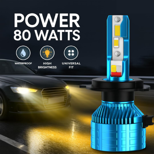 HJG M2 Mini H4 80W RGB LED Headlight Bulb with Remote – 8000LM Dual Beam (White/Yellow) + Red/Blue/Flash Modes for Bikes & Cars (12V/24V, Single Piece)