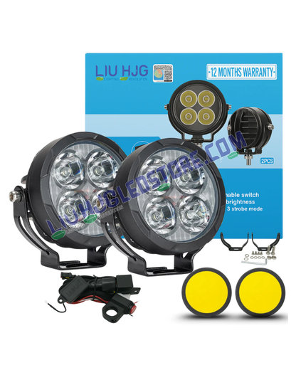 HJG 4 LED 80W Round CREE Fog Light Set | White Beam with Yellow Cover, Wiring Harness Kit, High Power LED Fog Lamps for Motorcycles, Cars & SUVs (Pack of 2)