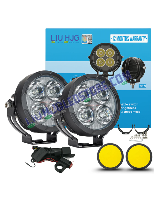 HJG 4 LED 80W Round CREE Fog Light Set | White Beam with Yellow Cover, Wiring Harness Kit, High Power LED Fog Lamps for Motorcycles, Cars & SUVs (Pack of 2)