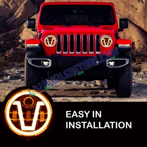 HJG 7-Inch 75W Round LED Headlight Model U2 | Yellow and White Dual Halo DRL | H4 3-Pin | Royal Enfield, Thar, Jeep and Harley Davidson