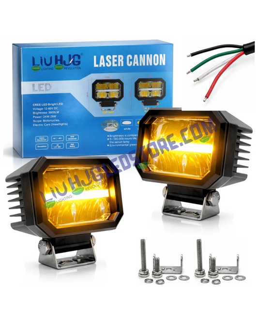 HJG W-07 Minus Cube LED Fog Lights 50W with White/Yellow Dual Beam & Amber DRL Ring, Universal Fit for Cars & Bikes (Pack of 2)