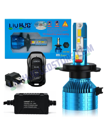 HJG M2 Mini H4 80W RGB LED Headlight Bulb with Remote – 8000LM Dual Beam (White/Yellow) + Red/Blue/Flash Modes for Bikes & Cars (12V/24V, Single Piece)