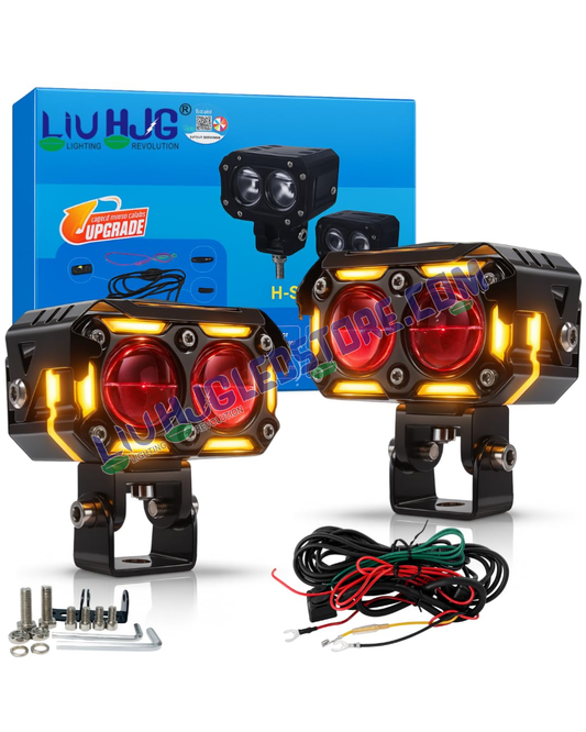 HJG Future Eyes 2-Lens Ring DRL 120W LED Projector Fog Lights with Wiring Harness Kit – Red DRL, Amber Ring, White/Yellow Modes, Universal Fit for Cars & Bikes