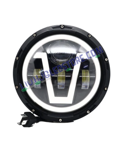 HJG 7-Inch 75W Round LED Headlight Model U2 | Yellow and White Dual Halo DRL | H4 3-Pin | Royal Enfield, Thar, Jeep and Harley Davidson