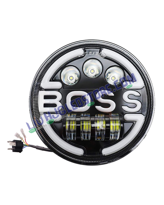 HJG BOSS 7-Inch 75W LED Headlight | Dual Colour White and Amber Halo DRL | H4 3-Pin | Royal Enfield, Thar, Jeep and Harley Davidson