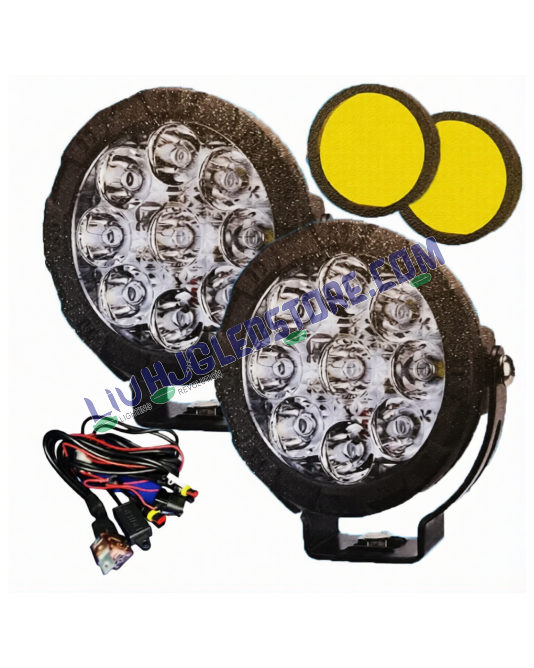 HJG 9 LED 180W Round Fog Lights with Yellow Covers – High-Performance CREE LED Auxiliary Lamps for Bikes & Cars (Set of 2 with Wiring Harness)