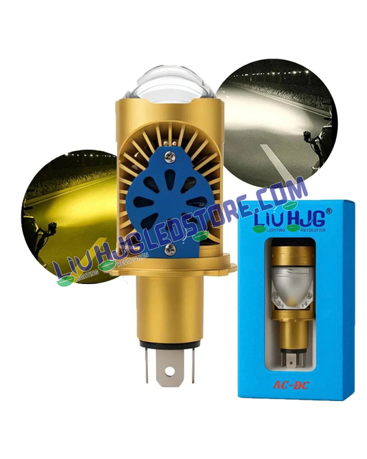 HJG RTD Lens H4 50W Dual-Color LED Projector Bulb | Yellow 3000K Low Beam & White 6500K High Beam | 3500–5000LM | Cooling Fan | H4 Plug & Play | 12–80V DC | Bike & Car | Pack of 1