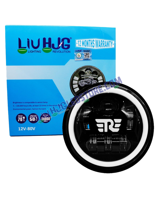 HJG 7-Inch RE Logo LED Headlight Assembly | 75–90W, Multi-Color DRL, High/Low Beam, CREE/Osram Chip, H4 Plug & PlayCompatible with Royal Enfield, Jeep, Thar & Gypsy