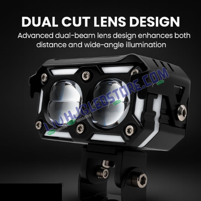 HJG Future Eyes 2-Lens Ring DRL 120W LED Projector Fog Lights with Wiring Harness Kit – Red DRL, Amber Ring, White/Yellow Modes, Universal Fit for Cars & Bikes