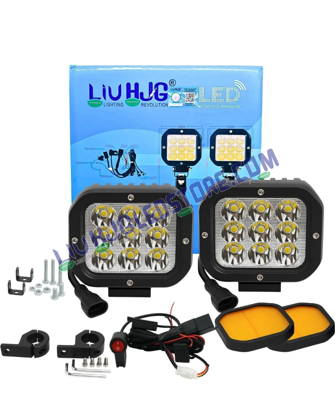 HJG 9-LED 70W Dual Color CREE Fog Light Set (Yellow/White) with Wiring Harness & Yellow Filter Cap – Universal for Bikes, Cars & Jeeps