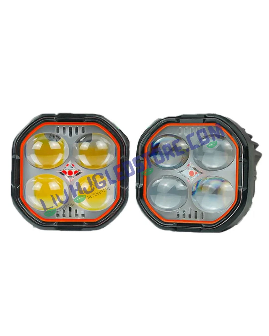 HJG Quad 4x4 LED Projector Fog Lights 80W with Red DRL – Dual Color White/Yellow Universal Fit for Cars & Bikes (Set of 2)
