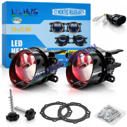 LIU HJG 3 Inch Bi LED Projector Laser Fog Lights 120W with White Yellow Warm Modes Red DRL and Toyota Mounts for Bikes Motorcycles and Cars Pack of 2