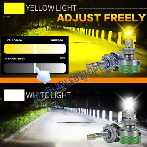 HJG AI LED Headlight Bulbs 200W (H8/H9/H11/H16) with App Control – 25000LM Adjustable Color & Brightness (White/Yellow/Warm White), 12V/24V, Pack of 2