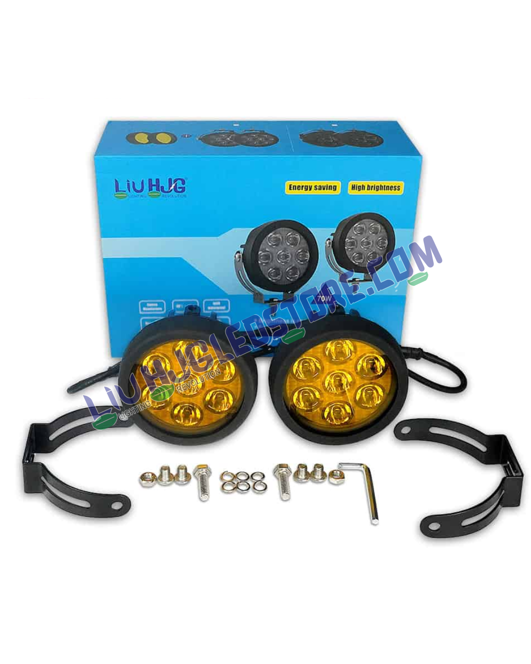 HJG 7 LED 140W Fog Light Set with Yellow Covers & Dimmer Control – High-Power LED Auxiliary Lights for Bikes & Cars (Pack of 2)