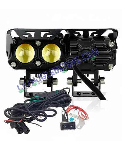 HJG Future Eyes 2-Lens 60W LED Fog Light Kit with Wiring Harness – Dual Color White/Yellow with Flash Mode, Universal Fit for Cars & Bikes