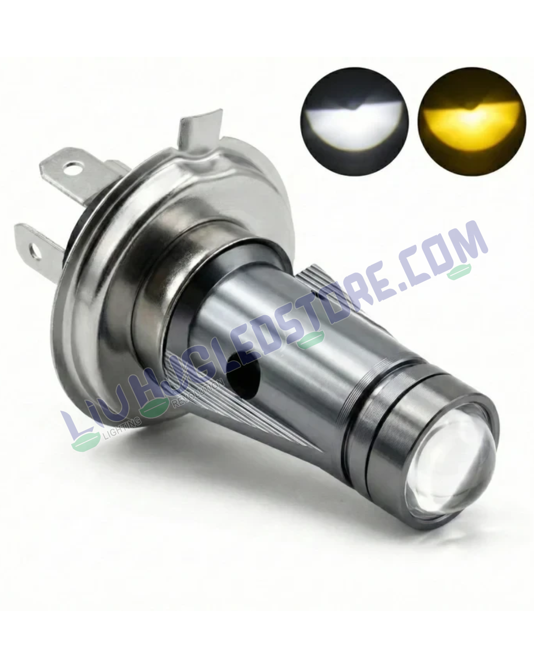 HJG H4 Mini Jet Rocket LED Headlight Bulb – White & Yellow Dual Beam (50W) with Long-Range Focused Lens for Motorcycles (12V Hi/Lo)