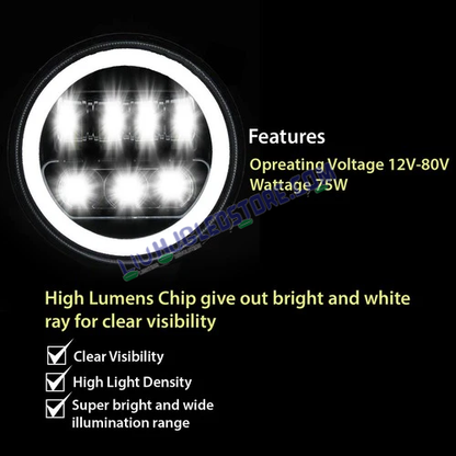 HJG 7-Inch Round LED Headlight for Jawa with High/Low Beam | 12V–80V, 75W Universal Fit