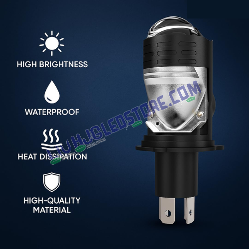 HJG H4 Dual Projector LED Headlight Kit (Set of 2) – 100W Mini Projector Lens Bulbs with Cooling Fan, 12000LM Hi/Lo Beam, Red DRL & White Light for Cars, Bikes & SUVs (12V/24V)