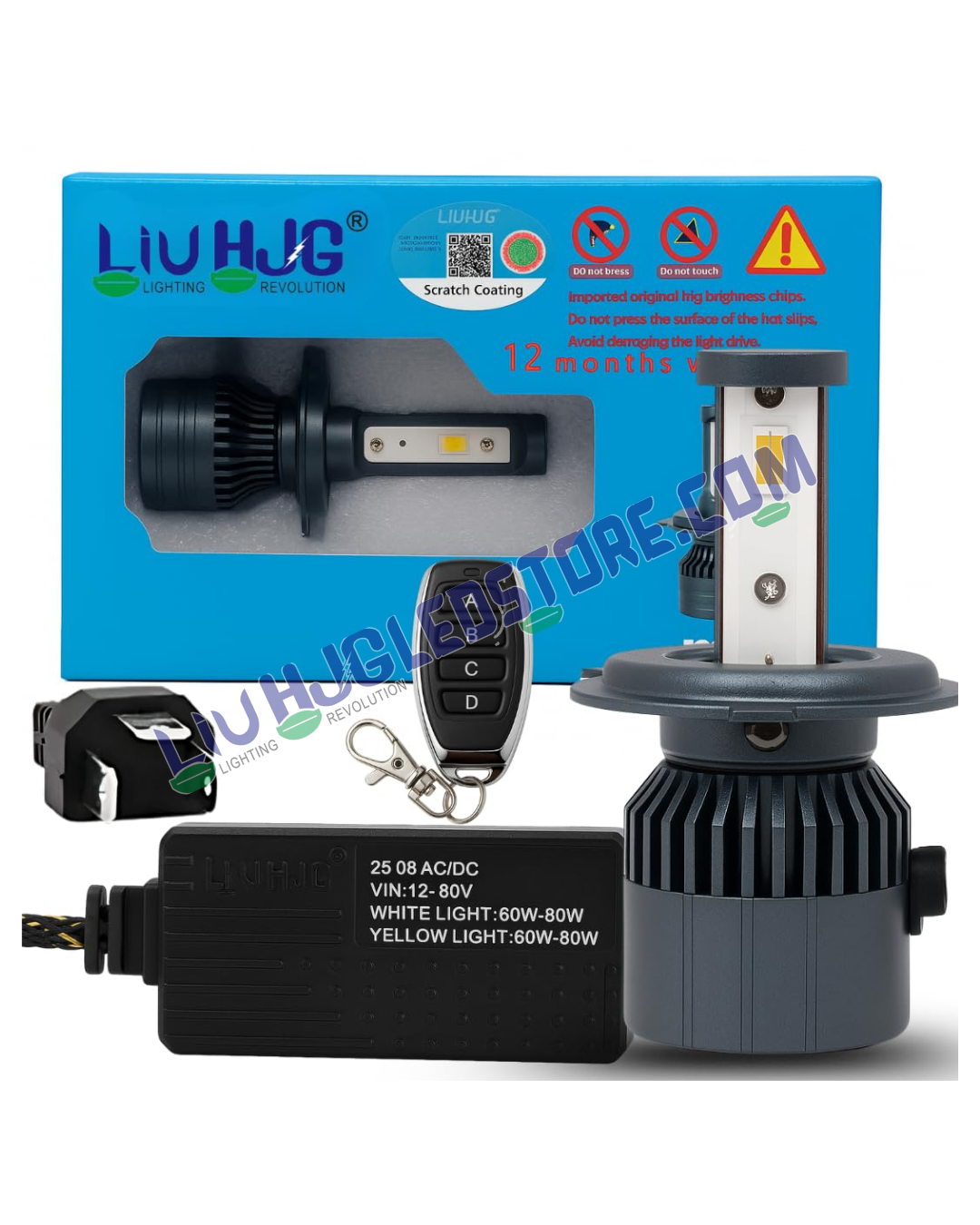 HJG M3 120W H4 3-in-1 Multi-Color LED Headlight with Remote – 12000LM Hi/Lo Beam (3000K/4300K/6000K) for Bikes & Cars (12V/24V, Single Unit)