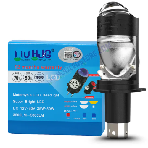 HJG Y6 H4 LED Projector Headlight Bulb for Motorcycles – 50W Mini Projector Lens with Cooling Fan, 7000LM Hi/Lo Beam Conversion Kit, 12V/24V Universal Bike Headlight, White (Set of 1)