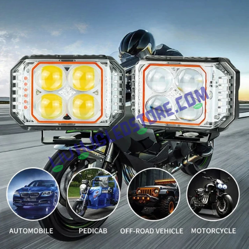 HJG 4x4 Quad Lens Projector Fog Light | 40W Single Unit | White and Yellow Beam | Red DRL and Red-Blue Flash | for Bikes and Cars