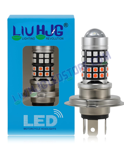HJG H4 40 LED Devil Lens Headlight Bulb – Red/Blue Design with White & Yellow Hi/Lo Beam and DRL (12V, 50W, Universal Fit for Motorcycles)