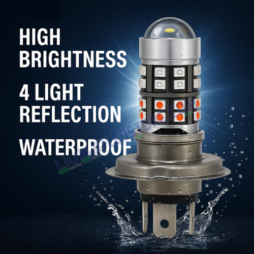 HJG H4 40 LED Devil Lens Headlight Bulb – Red/Blue Design with White & Yellow Hi/Lo Beam and DRL (12V, 50W, Universal Fit for Motorcycles)