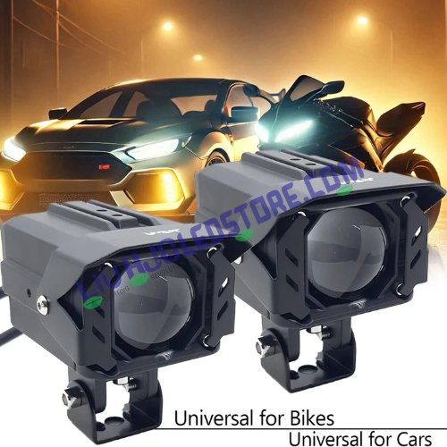 HJG 200W Projector Shutter LED Fog Light with Red Devil Lens – Triple Color (White/Yellow/Red) High-Low Beam MEGA DRIVE for Bikes & Cars (Pack of 2)