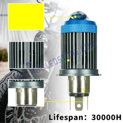 HJG H4 LED Devil Lens Headlight Bulb – Ice Blue DRL with White & Yellow Hi/Lo Beam (50W, 12V, Universal Fit for Motorcycles)