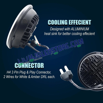 HJG 5.75-Inch Round LED Headlight with Running Indicator DRL | 75W High/Low Beam, 6500K White Light & White/Yellow Angel Eye | H4 Plug & Play | 12–80V DC | Harley Davidson, Jeep & Bajaj Avenger