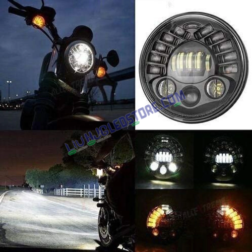 HJG 7-Inch Round LED Headlight with Hi/Low Beam & Integrated Turn Signals for Royal Enfield Bullet and Mahindra Thar