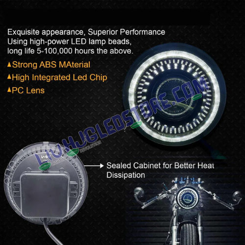 HJG 7-Inch Chakra V1 LED Headlight Assembly with Multi-Color DRL – 75–120W CREE/Osram Chip for Royal Enfield, Thar, Jeep & Gypsy