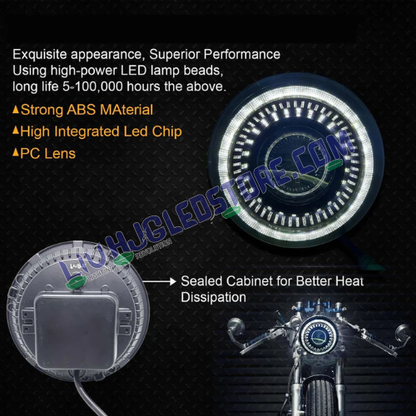HJG 7-Inch Chakra V1 LED Headlight Assembly with Multi-Color DRL – 75–120W CREE/Osram Chip for Royal Enfield, Thar, Jeep & Gypsy