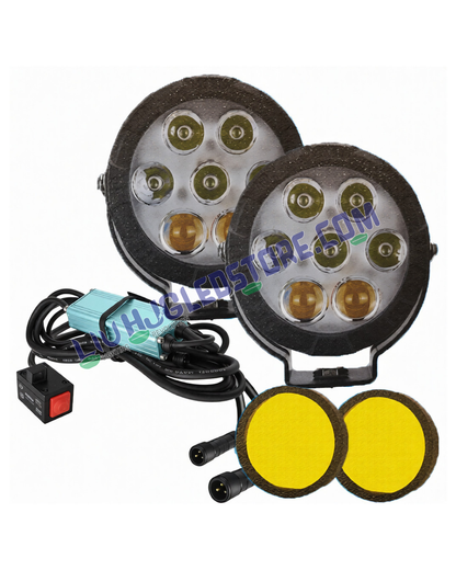 HJG 7 LED 140W CREE Projector Combo Fog Lights with Yellow Covers – Dual Projector Round LED Lamps for Bikes & Cars (Set of 2 with Wiring Harness)