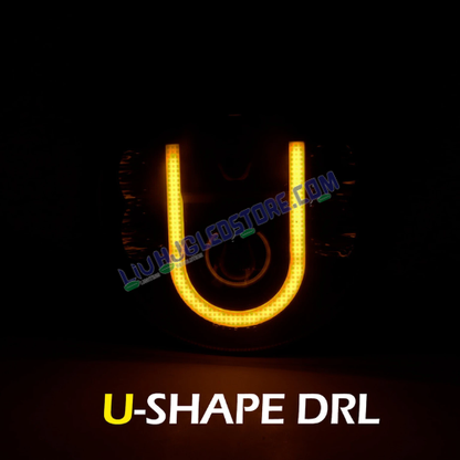 HJG 7-Inch U-Shape LED Headlight with DRL Ring | 75W–110W, High/Low Beam, White/Yellow DRL, H4 Plug & Play, Universal Fit for Royal Enfield & Mahindra Thar (12V–80V)