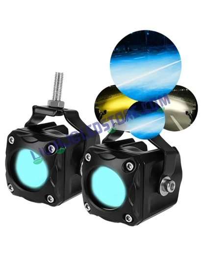 HJG Ice Blue Mini Cube 40W LED Fog Lights (Set of 2) – Projector Lens with White/Yellow Beam & Ice Blue DRL for Cars & Bikes